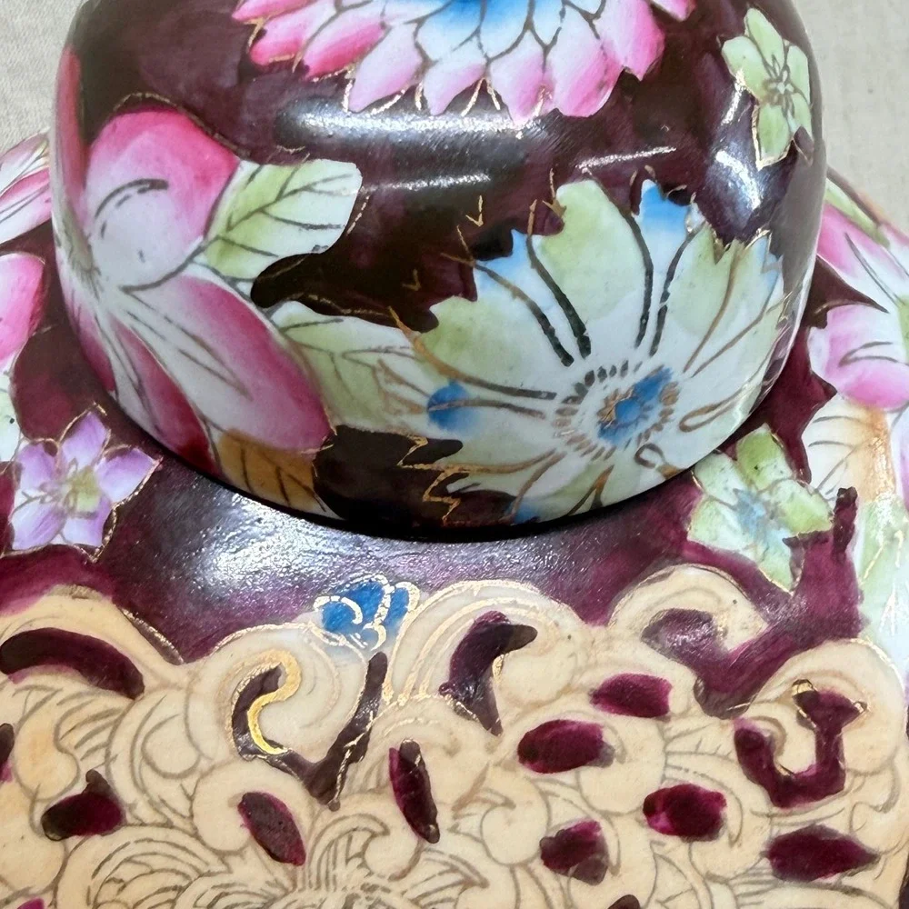 Vintage Floral Ginger Jar Oxblood Ceramic Lidded Vase Grandmillennial Decor